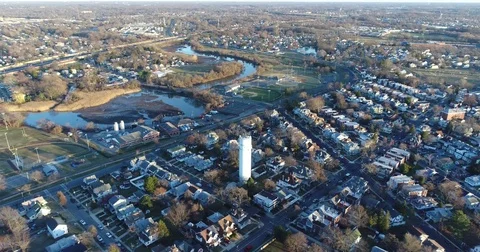 Aerial View of Delaware Riverfront Community and Port City Gloucester New Jersey 스톡 동영상 73283977