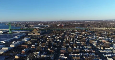 Aerial View of Delaware Riverfront Community and Port City Gloucester New Jersey Stock Footage 73283997