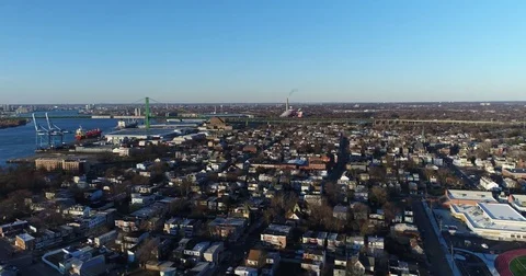 Aerial View of Delaware Riverfront Community and Port City Gloucester New Jersey Stock Footage 73284020
