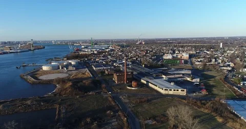 Aerial View of Delaware Riverfront Community and Port City Gloucester New Jersey 스톡 동영상 73284041