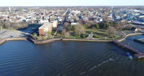 Aerial View of Delaware Riverfront Community and Port City Gloucester New Jersey Stock Footage 73284072
