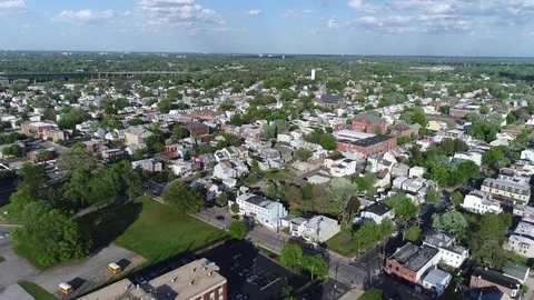 Aerial View of Delaware Riverfront Community and Port City Gloucester New Jersey Stock Footage 75401645