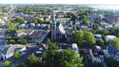 Aerial View of Delaware Riverfront Community and Port City Gloucester New Jersey Stock Footage