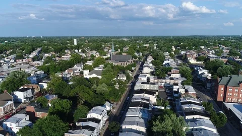 Aerial View of Delaware Riverfront Community and Port City Gloucester New Jersey Stock Footage 79379844