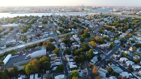Aerial View of Delaware Riverfront Community and Port City Gloucester New Jersey Stock Footage 81543539