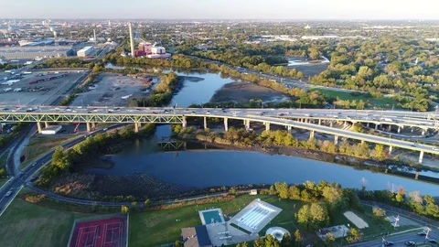 Aerial View of Delaware Riverfront Community and Port City Gloucester New Jersey Stock Footage 81543571