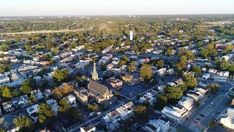 Aerial View of Delaware Riverfront Community and Port City Gloucester New Jersey Stock Footage 81543578
