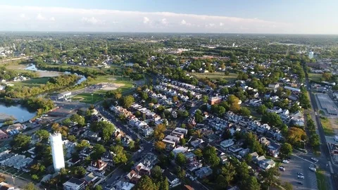 Aerial View of Delaware Riverfront Community and Port City Gloucester New Jersey Stock Footage 81543592