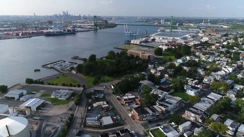 Aerial View of Delaware Riverfront Community and Port City Gloucester New Jersey Stock Footage 81543669
