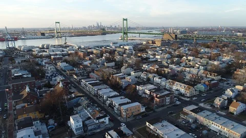 Aerial View of Delaware Riverfront Community and Port City Gloucester New Jersey Stock Footage 86265216