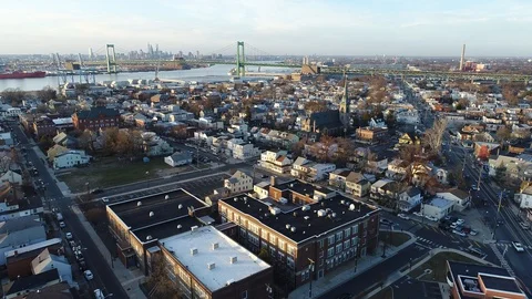 Aerial View of Delaware Riverfront Community and Port City Gloucester New Jersey Stock Footage 86265217