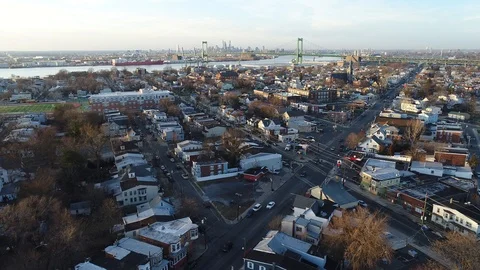 Aerial View of Delaware Riverfront Community and Port City Gloucester New Jersey Stock Footage 86265220