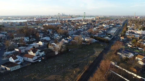 Aerial View of Delaware Riverfront Community and Port City Gloucester New Jersey Stock Footage 86265225