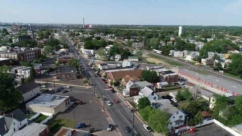 Aerial View of Delaware Riverfront Community and Port City Gloucester New Jersey Stock Footage 89989593