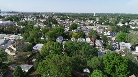 Aerial View of Delaware Riverfront Community and Port City Gloucester New Jersey Stock Footage 89989609