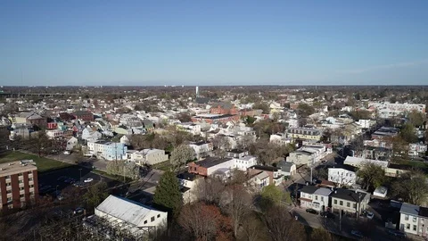 Aerial View of Delaware Riverfront Community and Port City Gloucester New Jersey Stock Footage 89989654