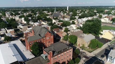 Aerial View of Delaware Riverfront Community and Port City Gloucester New Jersey Stock Footage 100698321