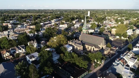 Aerial View of Delaware Riverfront Community and Port City Gloucester New Jersey Stock Footage 115232897