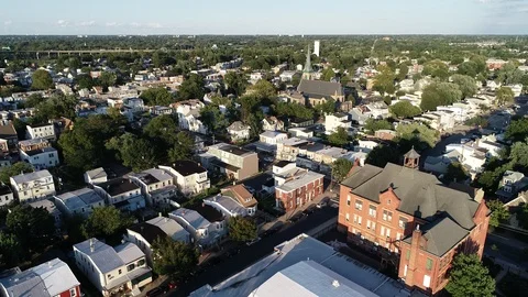 Aerial View of Delaware Riverfront Community and Port City Gloucester New Jersey Stock Footage 115232899
