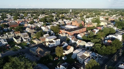 Aerial View of Delaware Riverfront Community and Port City Gloucester New Jersey Stock Footage 115232902