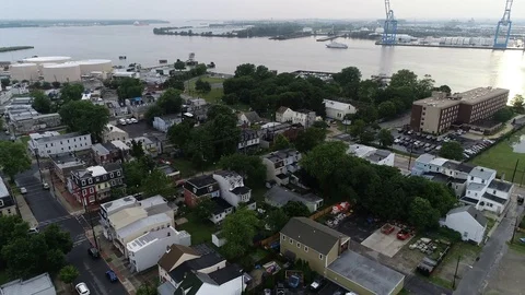 Aerial View of Delaware Riverfront Community and Port City Gloucester New Jersey Stock Footage 115232910