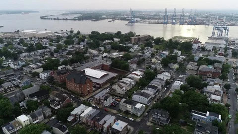 Aerial View of Delaware Riverfront Community and Port City Gloucester New Jersey Stock Footage 115232916
