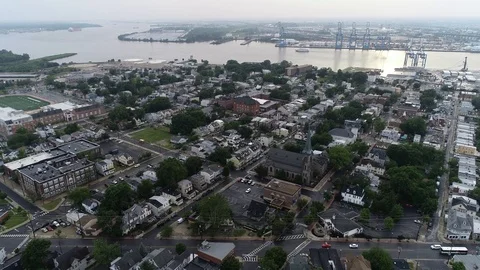 Aerial View of Delaware Riverfront Community and Port City Gloucester New Jersey Stock Footage 115232918