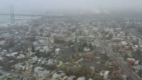 Aerial View of Delaware Riverfront Community on Foggy Day Stock Footage 127733748