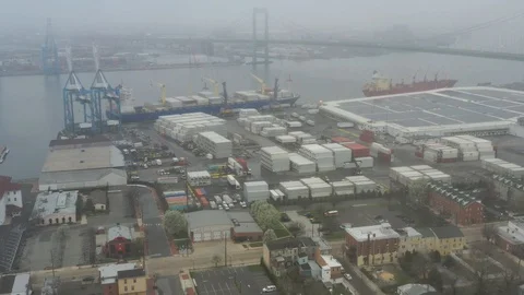 Aerial View of Delaware Riverfront Community on Foggy Day Stock Footage 127733749