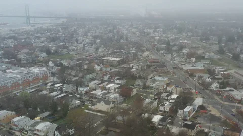 Aerial View of Delaware Riverfront Community on Foggy Day Stock Footage 127733761