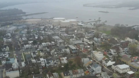 Aerial View of Delaware Riverfront Community on Foggy Day Stock Footage 127733764