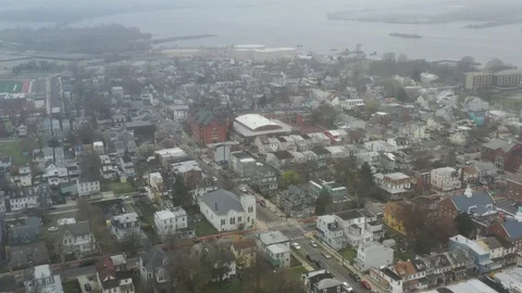 Aerial View of Delaware Riverfront Community on Foggy Day Stock Footage 127733772