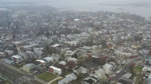 Aerial View of Delaware Riverfront Community on Foggy Day Stock Footage 127733776