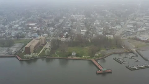 Aerial View of Delaware Riverfront Community on Foggy Day Stock Footage 127733790