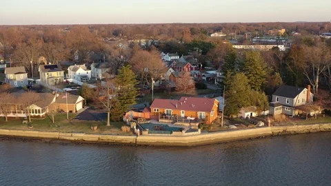 Aerial View of Delaware Riverfront Homes New Jersey Stock Footage 121348924