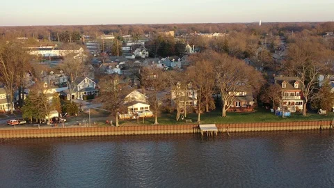 Aerial View of Delaware Riverfront Homes New Jersey Video stock 121348981