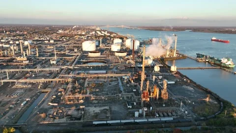 Aerial View of Delaware Riverfront Refineries and Pipeline Stock Footage 220638252