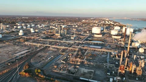 Aerial View of Delaware Riverfront Refineries and Pipeline Stock Footage 220638256