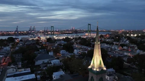 Aerial View of Delaware Riverfront Town Gloucester New Jersey Video stock 261124858