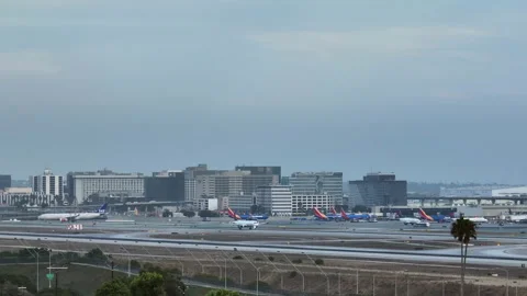 Aerial view of Delta Air Lines jet moving for departure at LAX airport Stock Footage 346443036