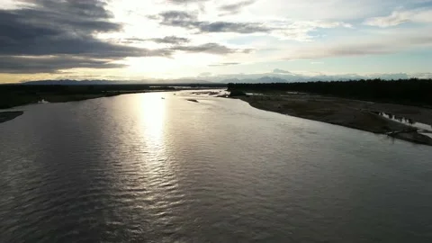 Aerial View Of Denali Over River At Sunset Pull Back Stock-Footage 170165779