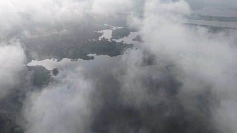 Aerial view of dense clouds floating above lush green forest and waterbody Stock Footage 344815315
