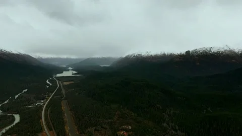 Aerial view of dense forest, lakes, mountains, roads and settlements Video stock 131259100