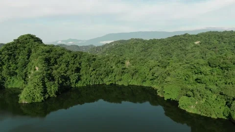Aerial View of Dense Green Forest Surrounding Calm Laguna La Maria Lake Vidéo 334221157