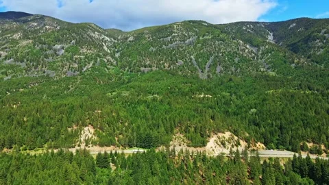 Aerial view of dense green forest and majestic mountains on sunny day Video stock 343543346