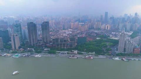Aerial view of the dense metropolitan skyline, including modern skyscrapers Stock Footage 327371569