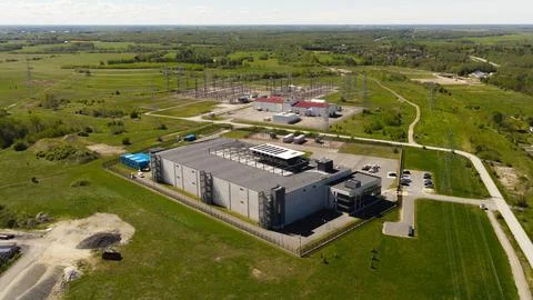 Aerial View Depicting AI Data Center And Electrical Substation In Countryside 写真素材