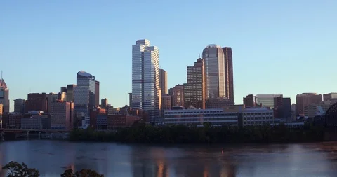 Aerial View Descending To River View Of Downtown Pittsburgh Pennsylvania  Stock Footage 99990559