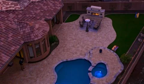 Aerial view of a desert home backyard Stock Photos