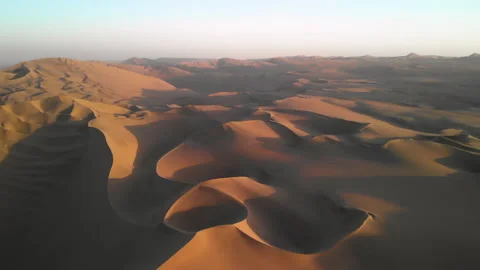 Aerial view of desert landscape with massive sand dunes at sunset Stockbeeldmateriaal 144451678